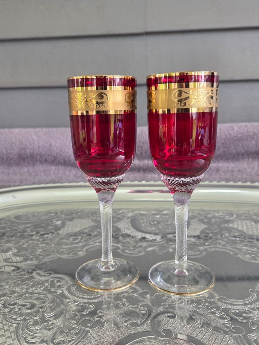 Vintage Gold Red Bohemian Twisted Stem Gold Rim and Base Cordials (2) 6 1/4"
